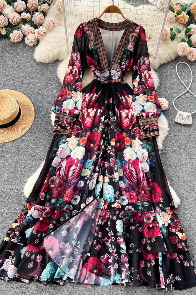 Chiffon Print V-Neck Long Sleeve Dress