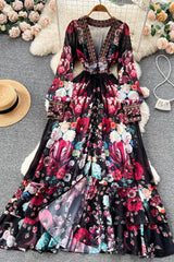 Chiffon Print V-Neck Long Sleeve Dress
