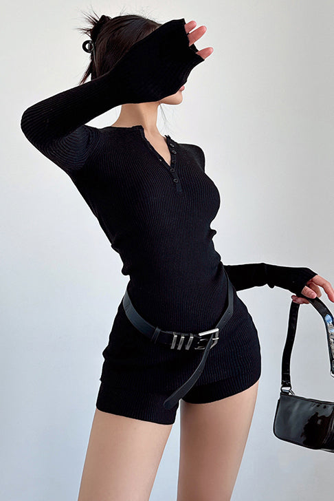 Knit Long Sleeve Buttons V-Neck Tops Shorts Set Two-Piece