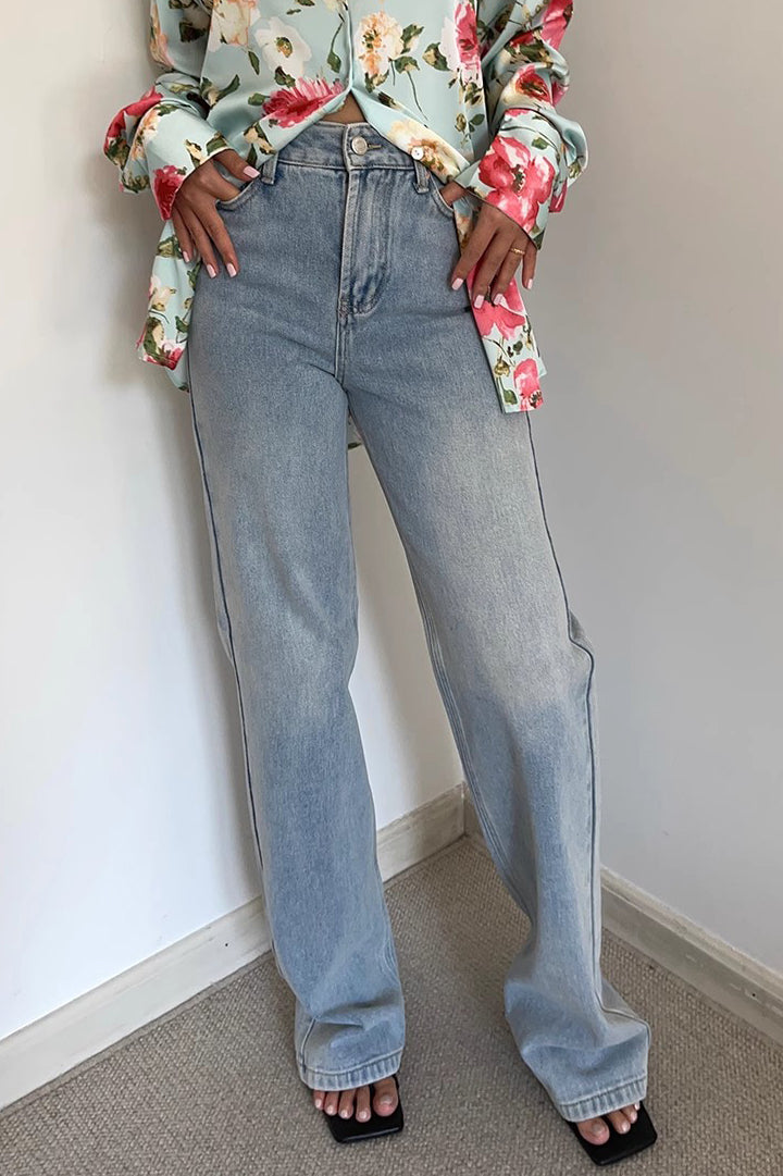 High Waist Buckle Detail Straight Leg Jeans