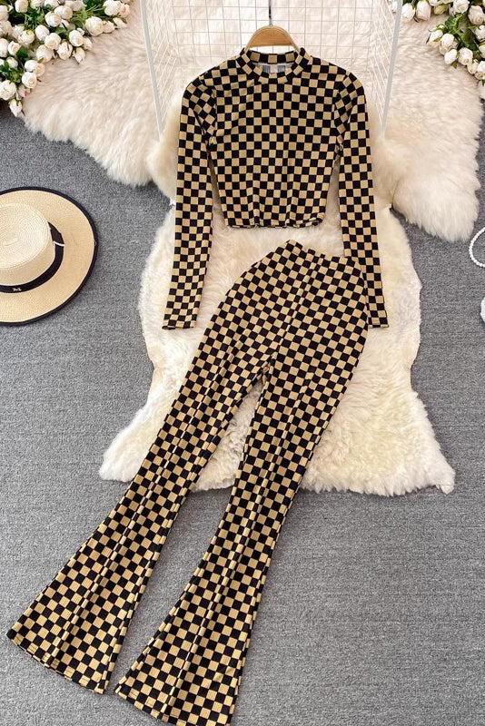 Plaid Long Sleeve Crop Top Pants Trousers Set Two-Piece