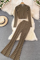 Plaid Long Sleeve Crop Top Pants Trousers Set Two-Piece