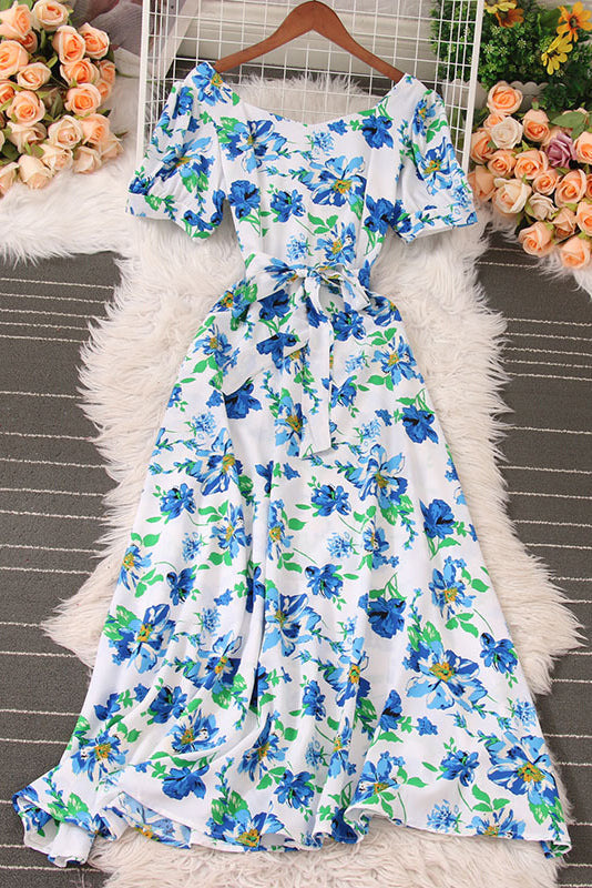 Floral V-Neck Short Sleeve Maxi Dress