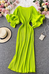 Lace Pleated Short Sleeve Maxi Dress
