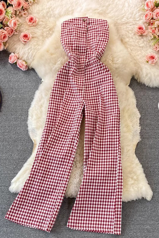 Strapless Sleeveless Plaid Romper Jumpsuit