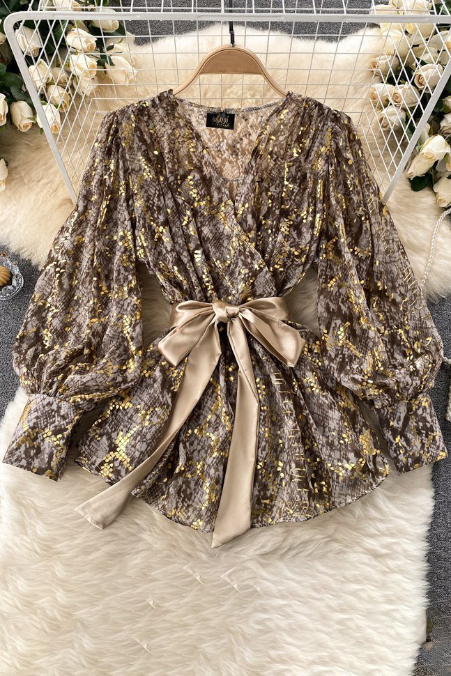 V-Neck Long Sleeve Snake Print Bow Strappy Top