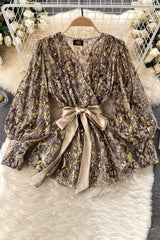 V-Neck Long Sleeve Snake Print Bow Strappy Top