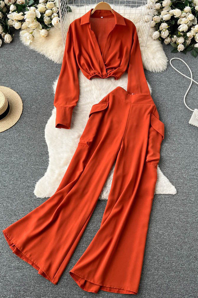 Long Sleeve Crop Tops Pants Trousers Set Two-Piece