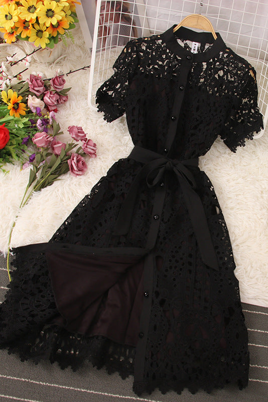Lace Hollow Short Sleeve Buttons Maxi Dress