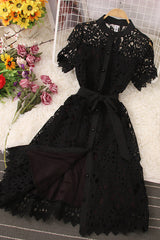 Lace Hollow Short Sleeve Buttons Maxi Dress