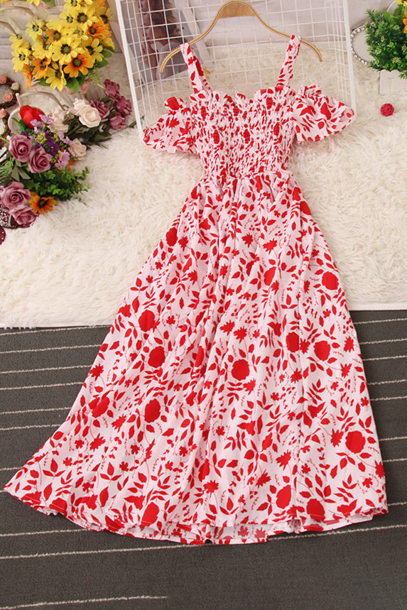 Floral Off Shoulder Strap Ruffle Maxi Dress