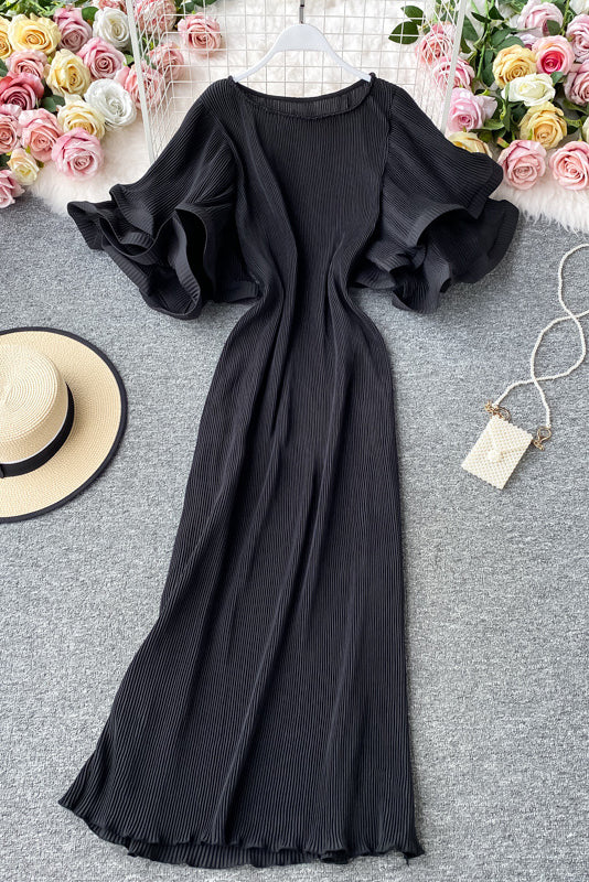 Lace Pleated Short Sleeve Maxi Dress