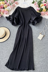 Lace Pleated Short Sleeve Maxi Dress