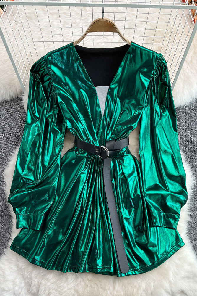 V-Neck Long Sleeve Ruffle Mini Dress
