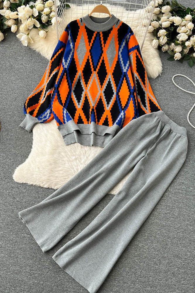 Retro Crochet Top Sweater Pullover Pants Trousers Set Two-Piece