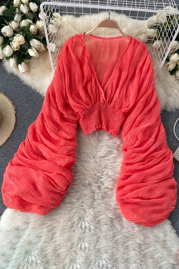 V-Neck Ruffle Long Sleeve Tops
