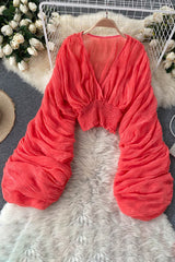 V-Neck Ruffle Long Sleeve Tops