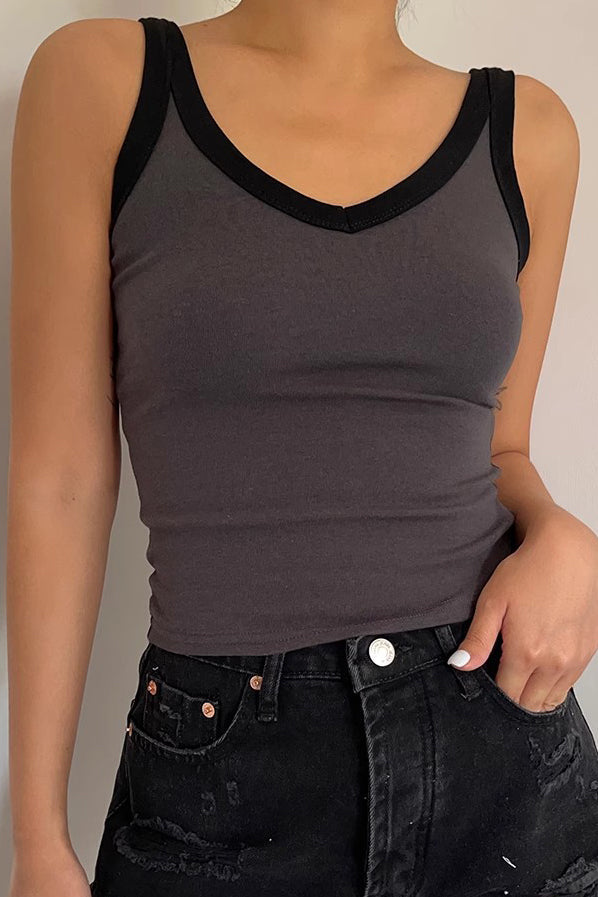 Sleeveless Contrast Trim Tank Tops Fitted Cami Tee Shirt