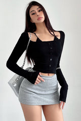 Buttons Knit Lace Long Sleeve Tops