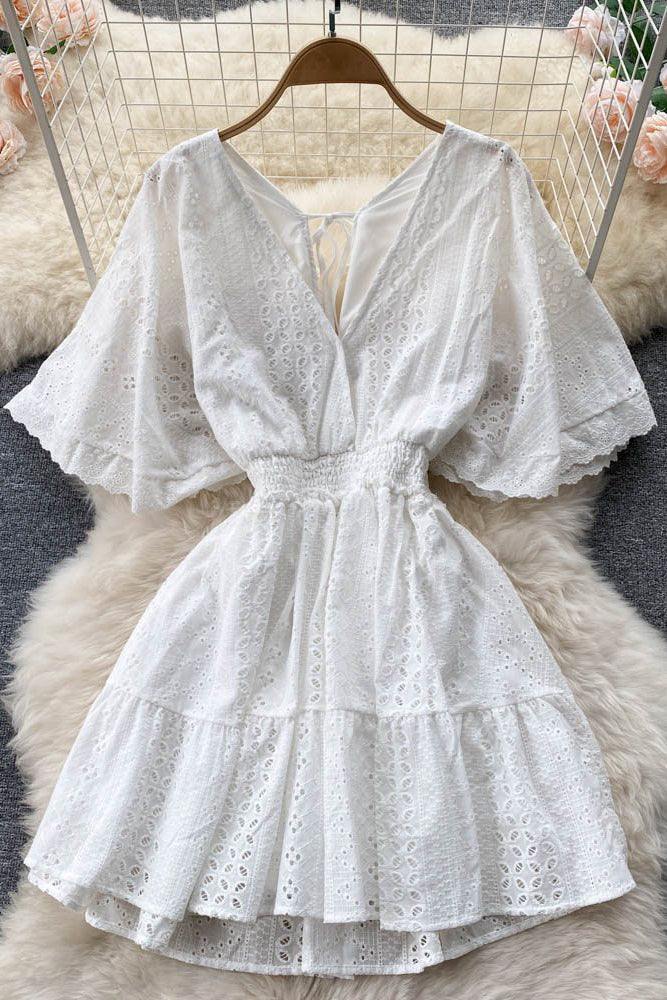 V-Neck Hollow Backless Short Sleeve Mini Dress