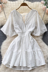 V-Neck Hollow Backless Short Sleeve Mini Dress