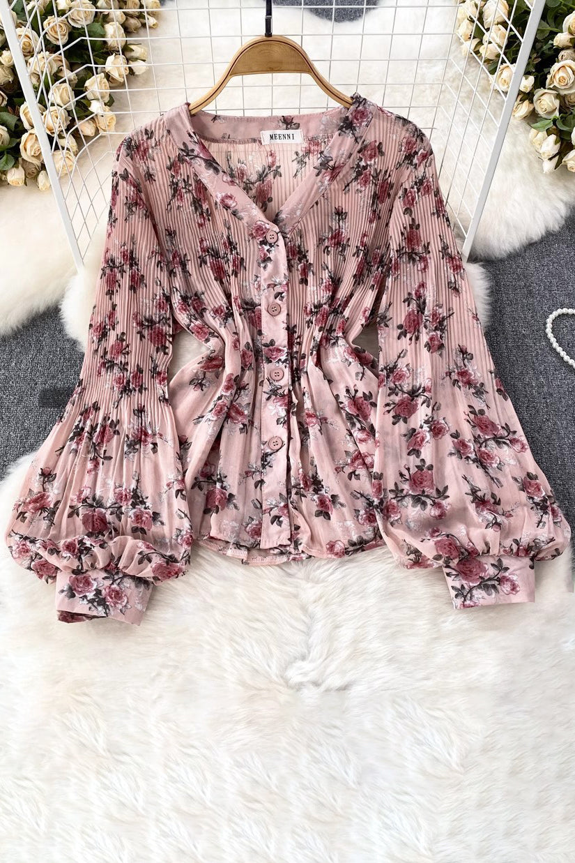 V-Neck Long Sleeve Ruffle Buttons Top