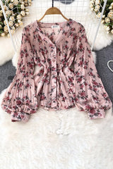 V-Neck Long Sleeve Ruffle Buttons Top