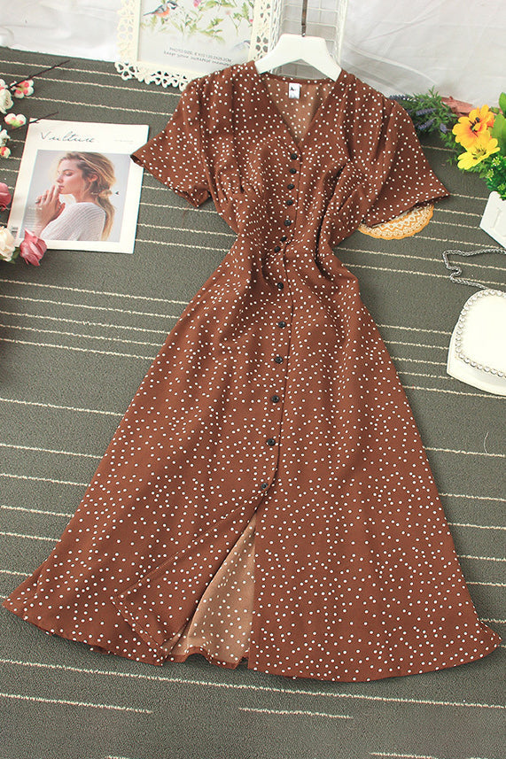 Polka Dots Short Sleeve Buttons Maxi Dress