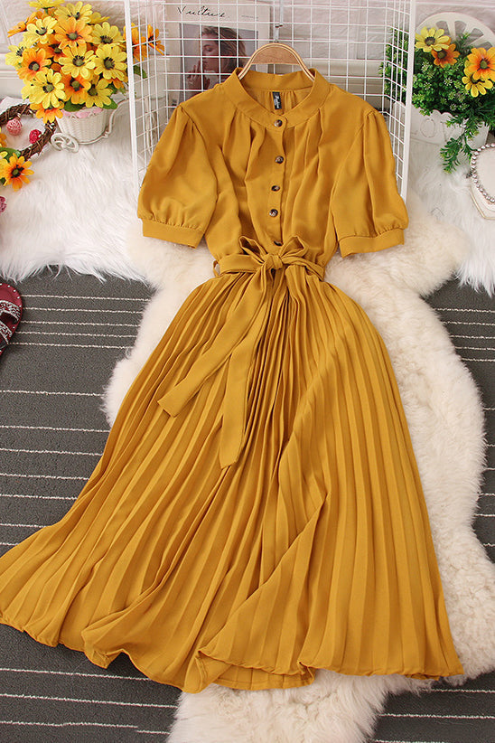 Lapel Buttons Short Sleeve Pleated Maxi Dress