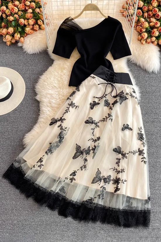 Gauze Short Sleeve Crop Top Embroidery Skirt Set Two-Piece