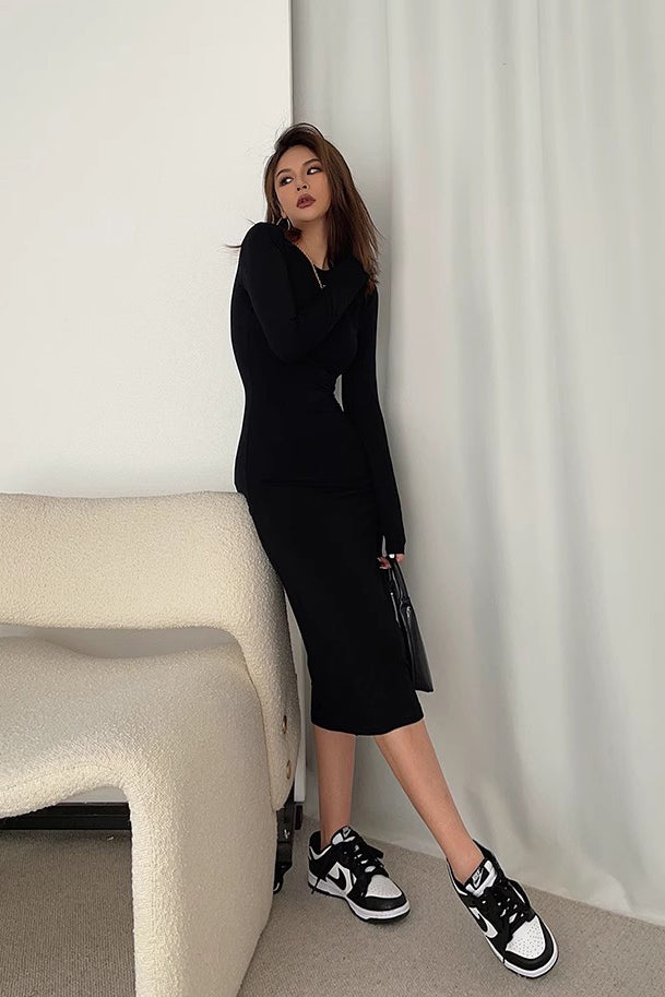 Crew Neck Long Sleeve Bodycon Dress