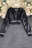 Sequin Zip Hooded Crop Cardigan Jacket Coat