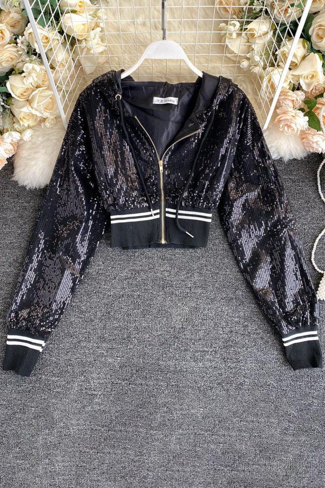 Sequin Zip Hooded Crop Cardigan Jacket Coat