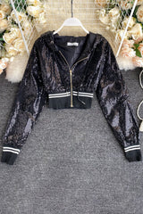 Sequin Zip Hooded Crop Cardigan Jacket Coat