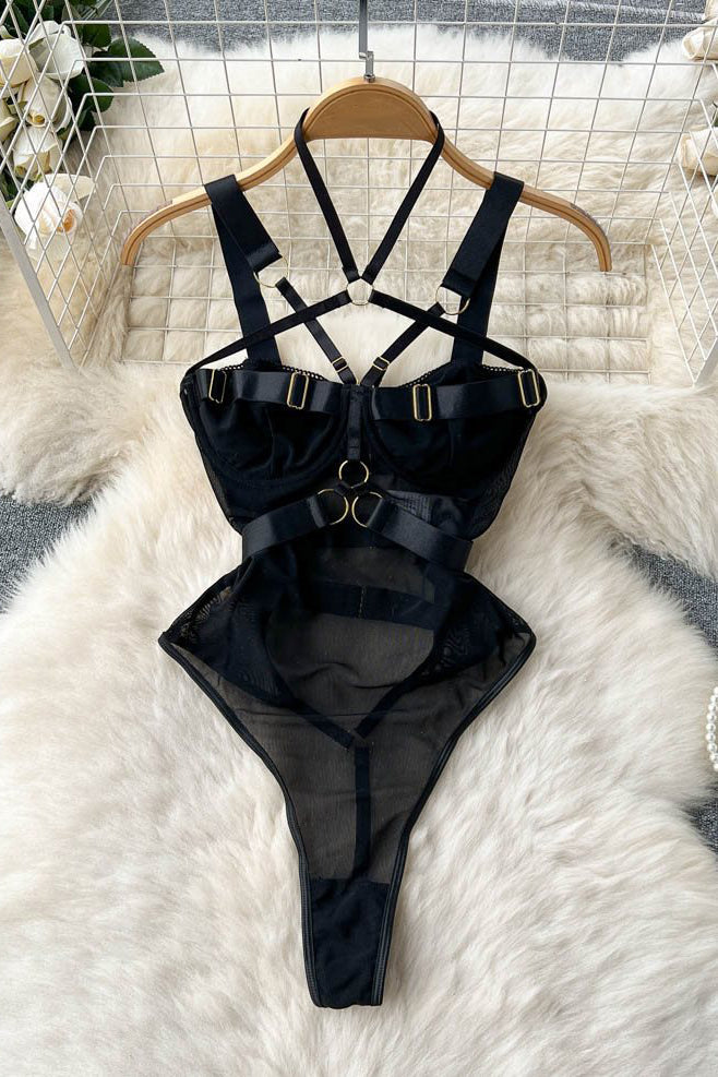Halter Strap Push-Up Hollow Gauze Bodysuit