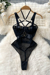 Halter Strap Push-Up Hollow Gauze Bodysuit