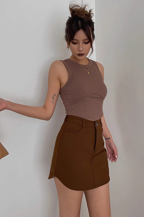 Buttoned Front Asymmetrical Hem Belted Skirt