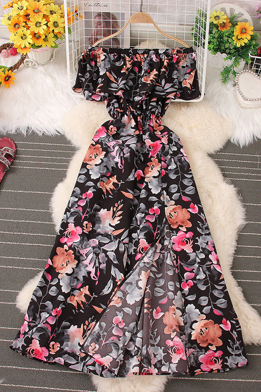 Short Sleeve Ruffle Strapless Maxi Dress