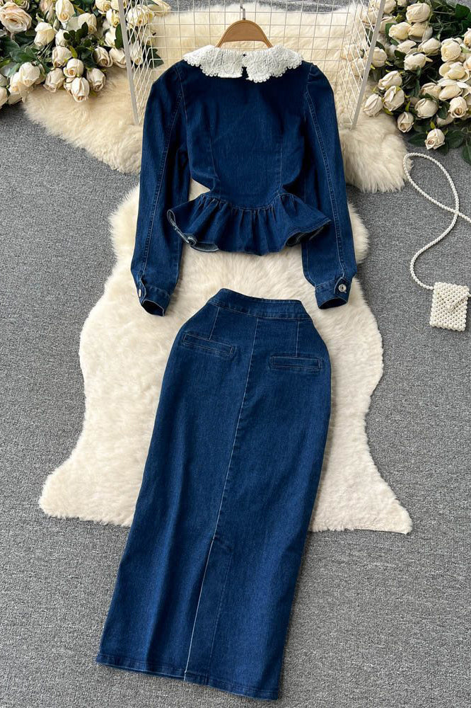 Lace Neck Buttons Long Sleeve Jeans Top Jeans Skirt Set Two-Piece
