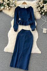 Lace Neck Buttons Long Sleeve Jeans Top Jeans Skirt Set Two-Piece