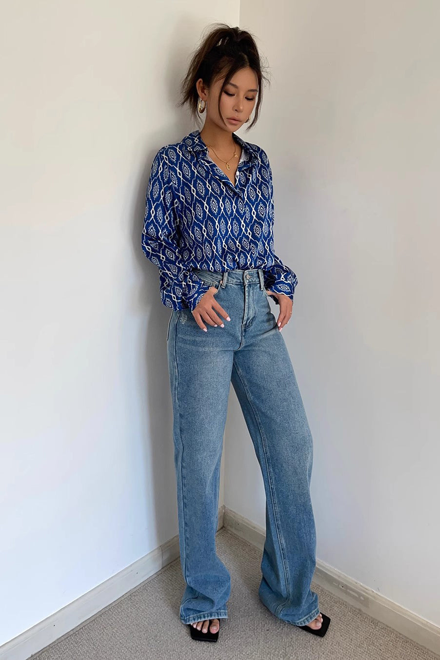 High Waist Buckle Detail Straight Leg Jeans
