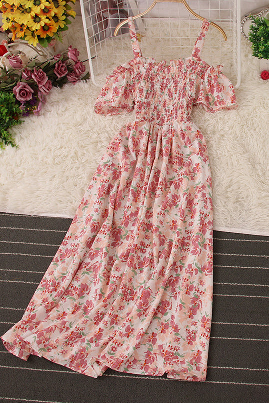 Floral Off Shoulder Strap Ruffle Maxi Dress