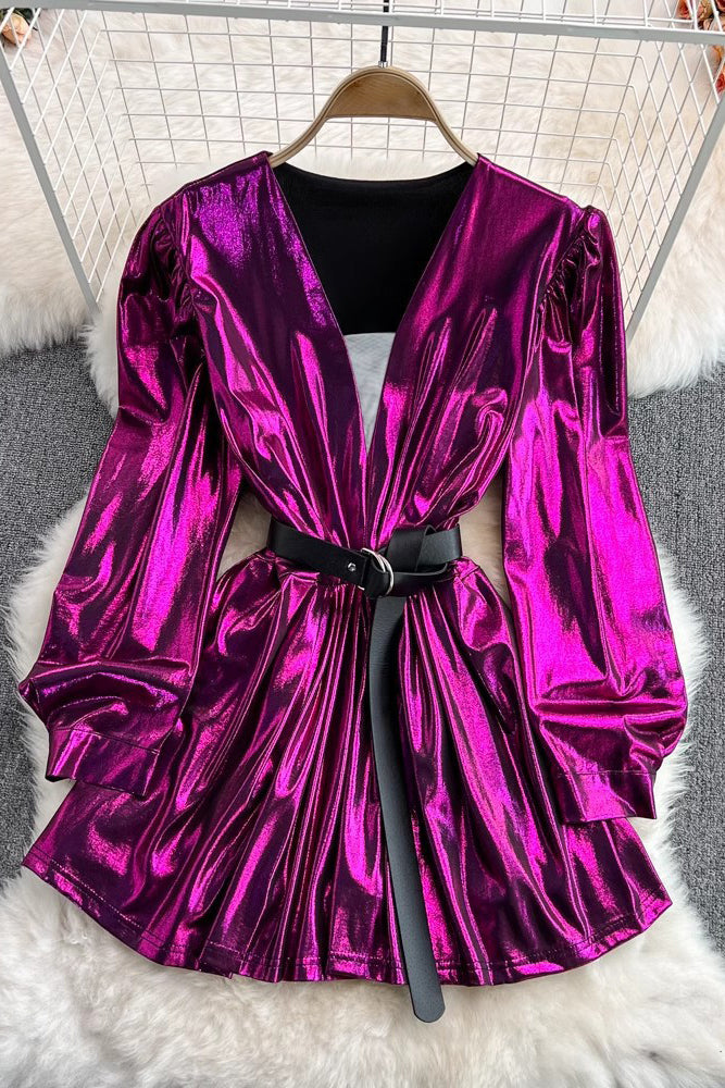 V-Neck Long Sleeve Ruffle Mini Dress