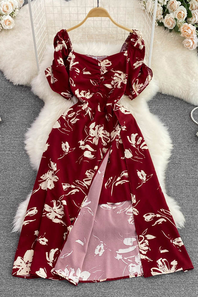 Retro Floral Square Neck Short Sleeve Backless Maxi Dress