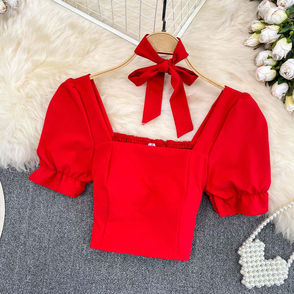 Bow Square Neck Short Sleeve Crop Top