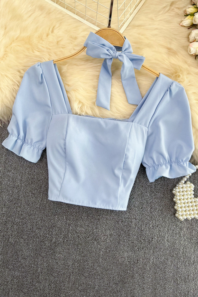 Bow Square Neck Short Sleeve Crop Top