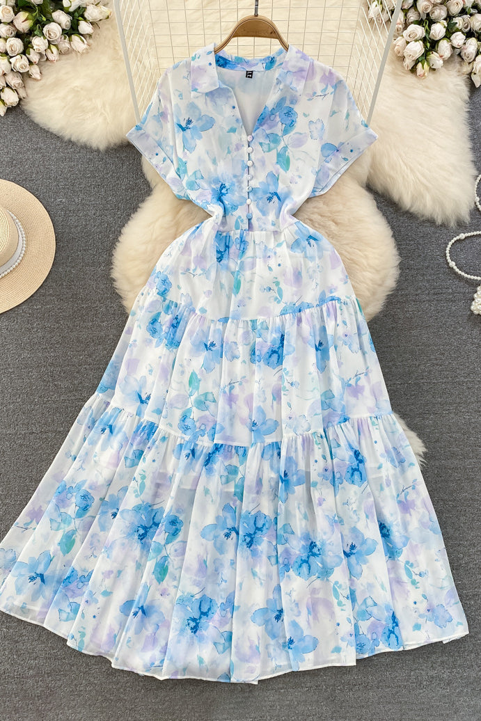 Floral A-Line Short Sleeve Maxi Dress