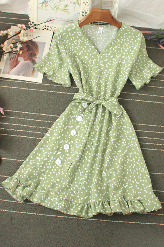 V-Neck Lace Short Sleeve Buttons Strappy Mini Dress