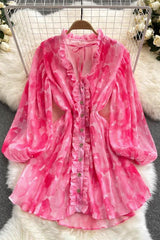 V-Neck Print Long Sleeve Buttons Mini Dress