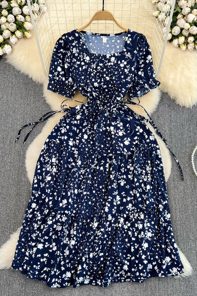 Square Collar Short Sleeve Floral Strappy Maxi Dress